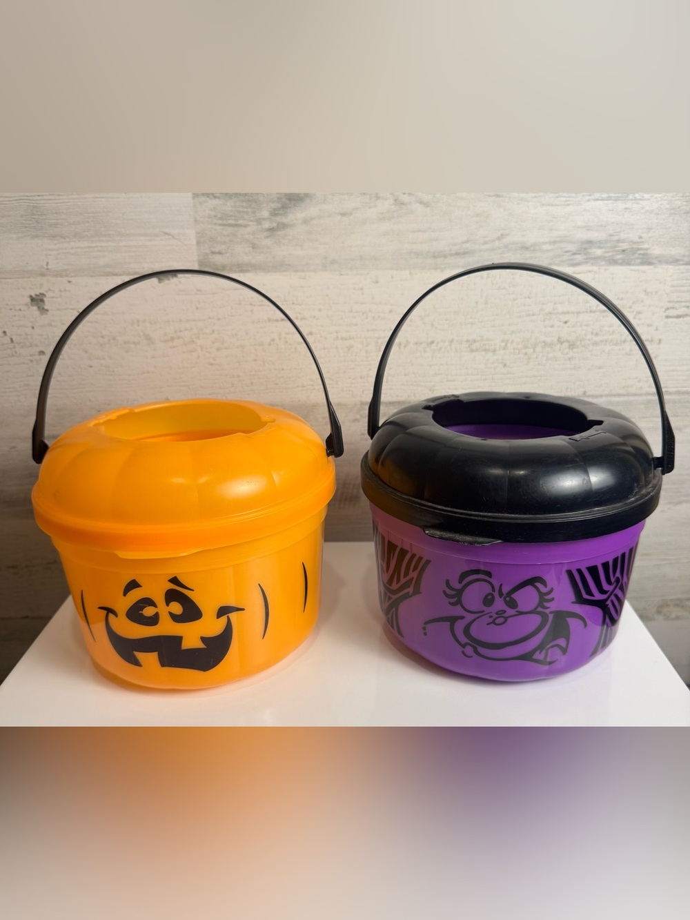 Vintage Halloween Treat Buckets – Pumpkin & Purple Character – Set of 2